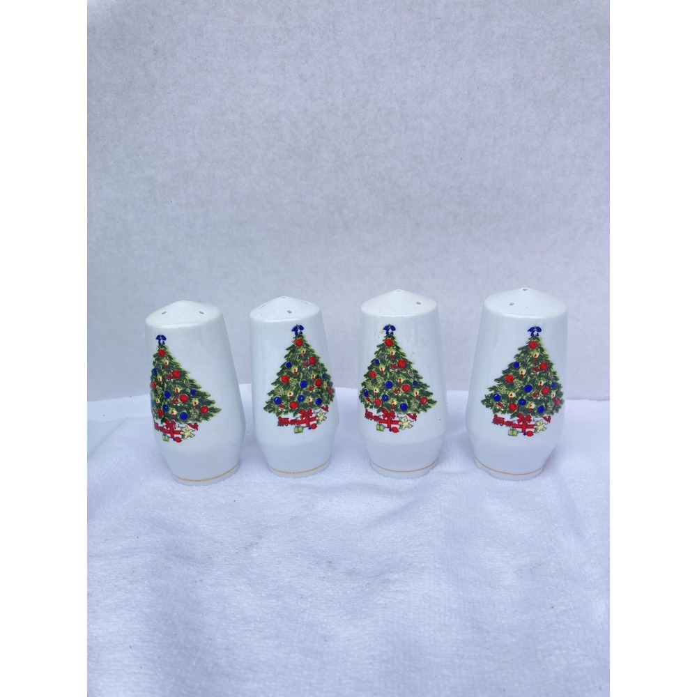 Vintage Christmas Collection 4 Pc Fine China Salt&Pepper With Gold Ribbon